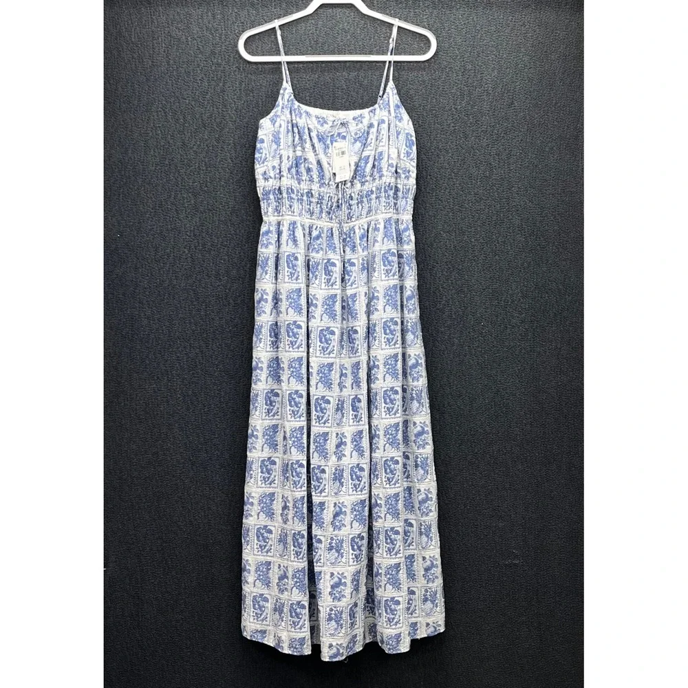 Abercrombie & Fitch Blue White Fruit Stamp Smocked Tie-Front Maxi Dress Flowy XL